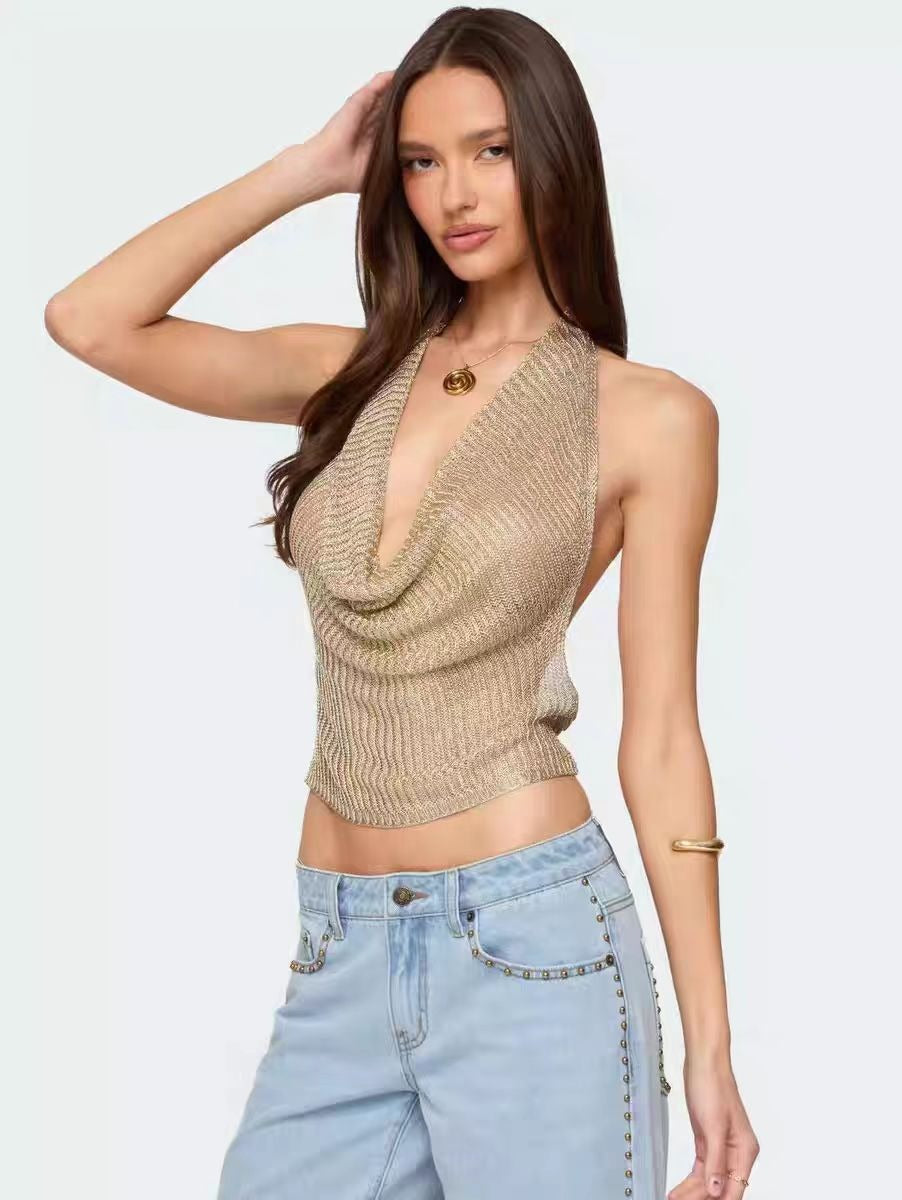 Glossy Collar Backless Top
