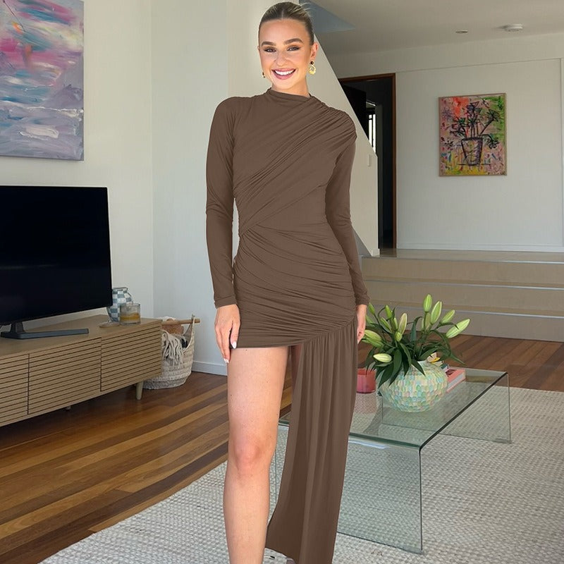 Slim-fit Pleated Sheath Long Sleeve Dress