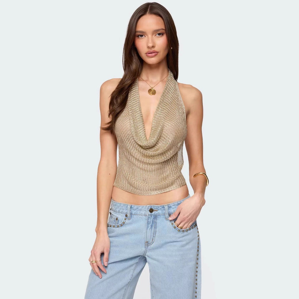 Glossy Collar Backless Top