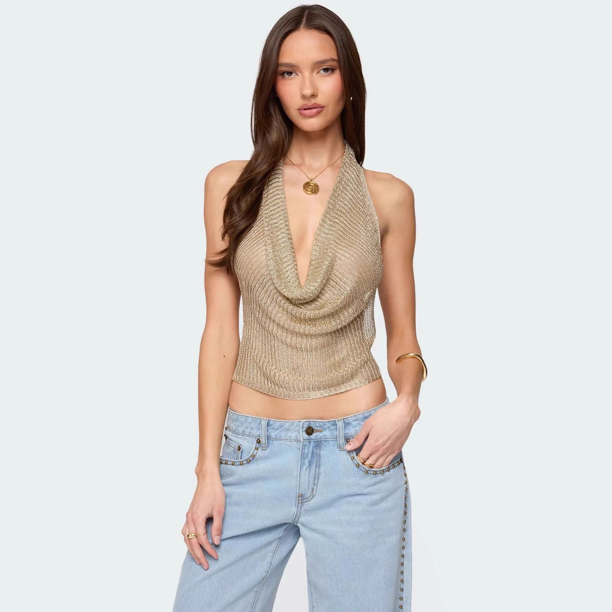 Glossy Collar Backless Top