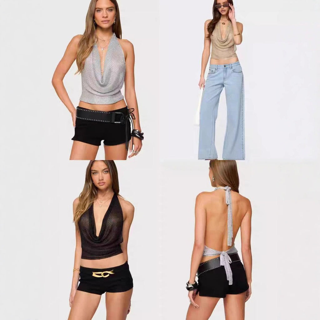 Glossy Collar Backless Top
