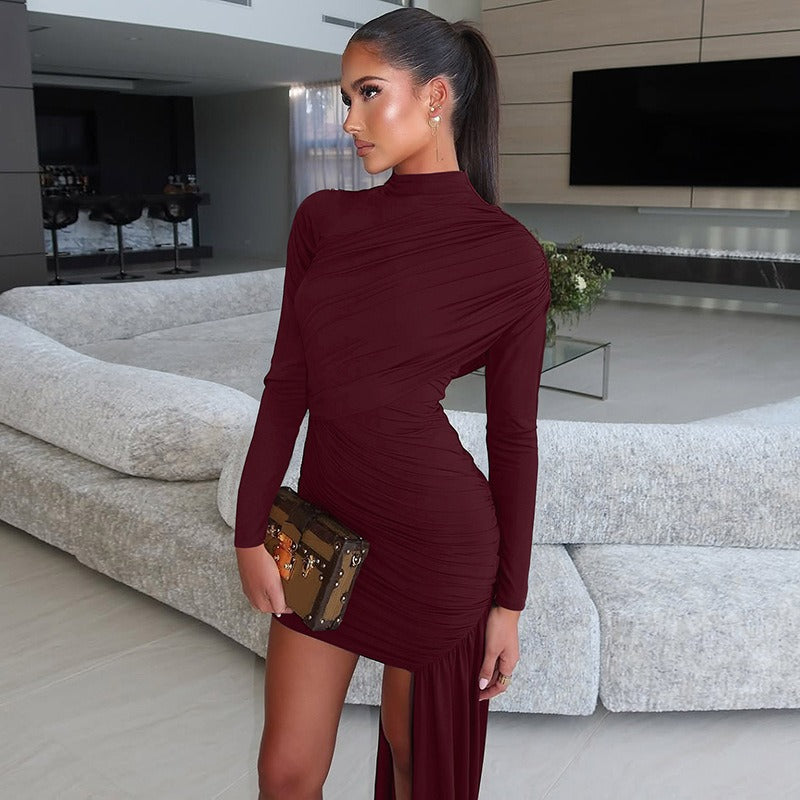 Slim-fit Pleated Sheath Long Sleeve Dress
