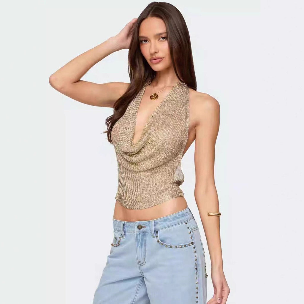 Glossy Collar Backless Top