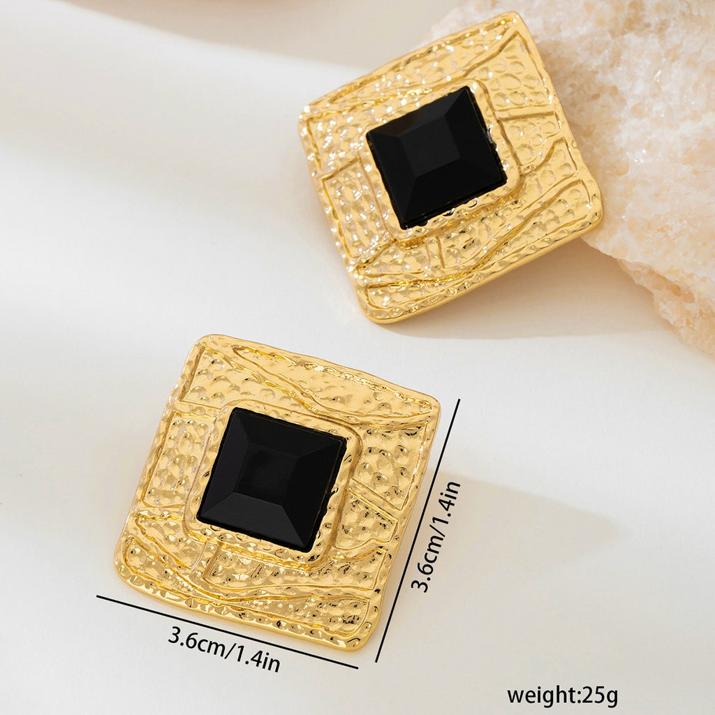 French Retro Metal Black Square Earrings