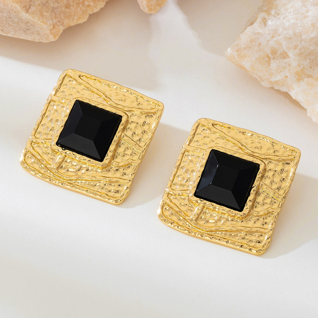 French Retro Metal Black Square Earrings